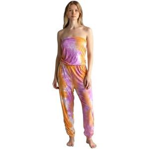 Heart and Hips Tie Dye Strapless Jumpsuit 1X Orange Purple Harem Plus Size